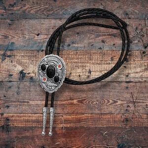 Vintage Western Bolo Tie Silver Floral Feather Black Red Garnet Leather NWT